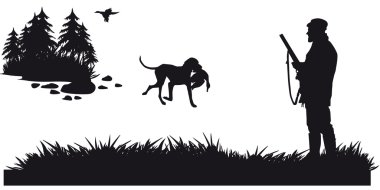 Hunter with dog hunting animals in the forest - black and white silhouette vector