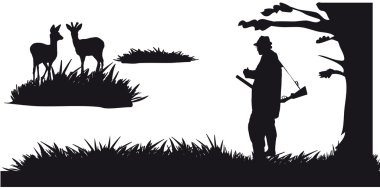 Hunter with dog hunting animals in the forest - black and white silhouette vector