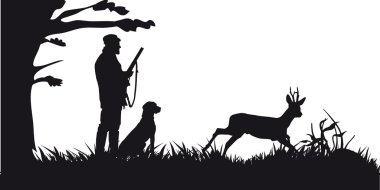 Hunter with dog hunting animals in the forest - black and white silhouette clipart