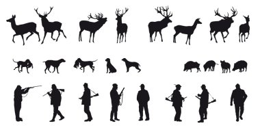 Hunter with dog hunting animals in the forest - black and white silhouette clipart