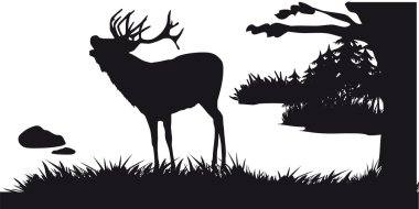 Deer with deer grazing in the forest - black and white silhouette clipart