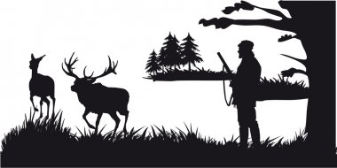 Orman - siyah-beyaz siluet köpek av hayvanları ile avcı