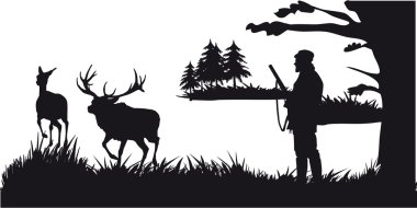 Hunter with dog hunting animals in the forest - black and white silhouette clipart
