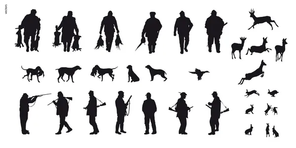 Chasseur avec des animaux de chasse au chien dans la forêt - silhouette noire et blanche — Image vectorielle