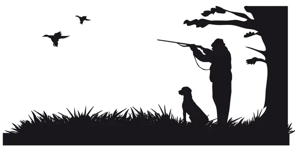 Cazador con animales de caza de perros en el bosque - silueta blanca y negra — Vector de stock