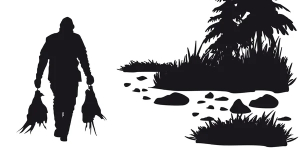 Hunter with dog hunting animals in the forest - black and white silhouette — Stock Vector