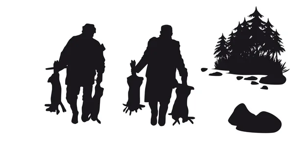 Hunter with dog hunting animals in the forest - black and white silhouette — Stock Vector