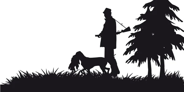 Cacciatore con animali da caccia nella foresta - silhouette in bianco e nero — Vettoriale Stock