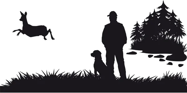 Chasseur avec des animaux de chasse au chien dans la forêt - silhouette noire et blanche — Image vectorielle