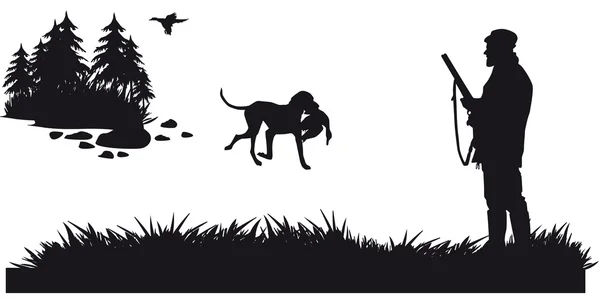 Cazador con animales de caza de perros en el bosque - silueta blanca y negra — Vector de stock