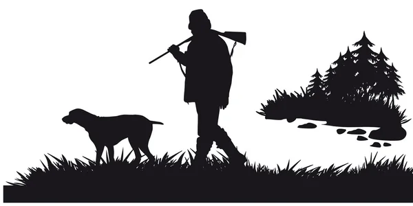 Chasseur avec des animaux de chasse au chien dans la forêt - silhouette noire et blanche — Image vectorielle