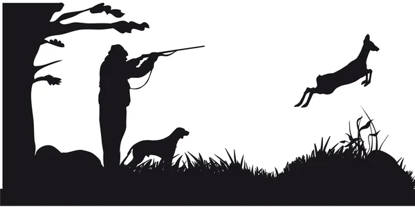 Hunter with dog hunting animals in the forest - black and white silhouette — Stock Vector