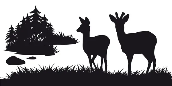 Hirsche mit Hirschen, die im Wald grasen - schwarz-weiße Silhouette — Stockvektor