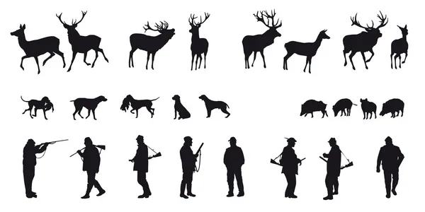 Chasseur avec des animaux de chasse au chien dans la forêt - silhouette noire et blanche — Image vectorielle