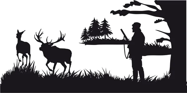 Hunter with dog hunting animals in the forest - black and white silhouette — Stock Vector