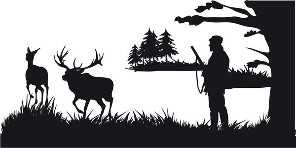 Hunter with dog hunting animals in the forest - black and white silhouette