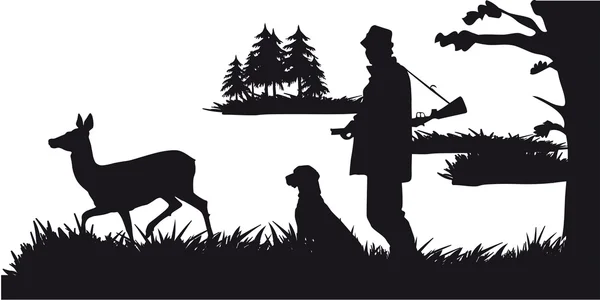 Cazador con animales de caza de perros en el bosque - silueta blanca y negra — Archivo Imágenes Vectoriales