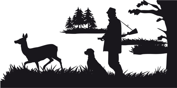 Hunter with dog hunting animals in the forest - black and white silhouette