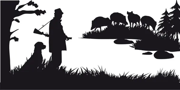 Chasseur avec des animaux de chasse au chien dans la forêt - silhouette noire et blanche — Image vectorielle