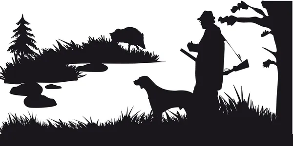 Cazador con animales de caza de perros en el bosque - silueta blanca y negra — Vector de stock