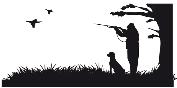 Cazador con animales de caza de perros en el bosque - silueta blanca y negra — Archivo Imágenes Vectoriales