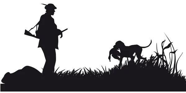 Cazador con animales de caza de perros en el bosque - silueta blanca y negra — Archivo Imágenes Vectoriales