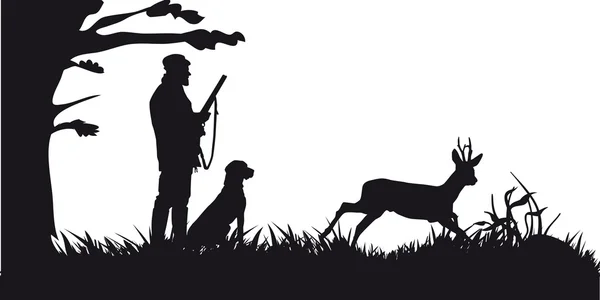 Cazador con animales de caza de perros en el bosque - silueta blanca y negra — Archivo Imágenes Vectoriales