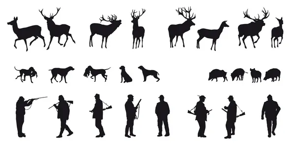 Caçador com animais de caça de cães na floresta silhueta preto e branco —  Vetores de Stock
