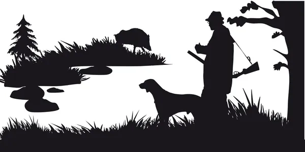 Lovec s pes lovecký zvířata v lese - černá a bílá silueta — Stockový vektor