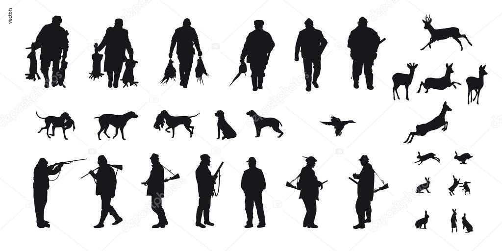 Hunter with dog hunting animals in the forest - black and white silhouette