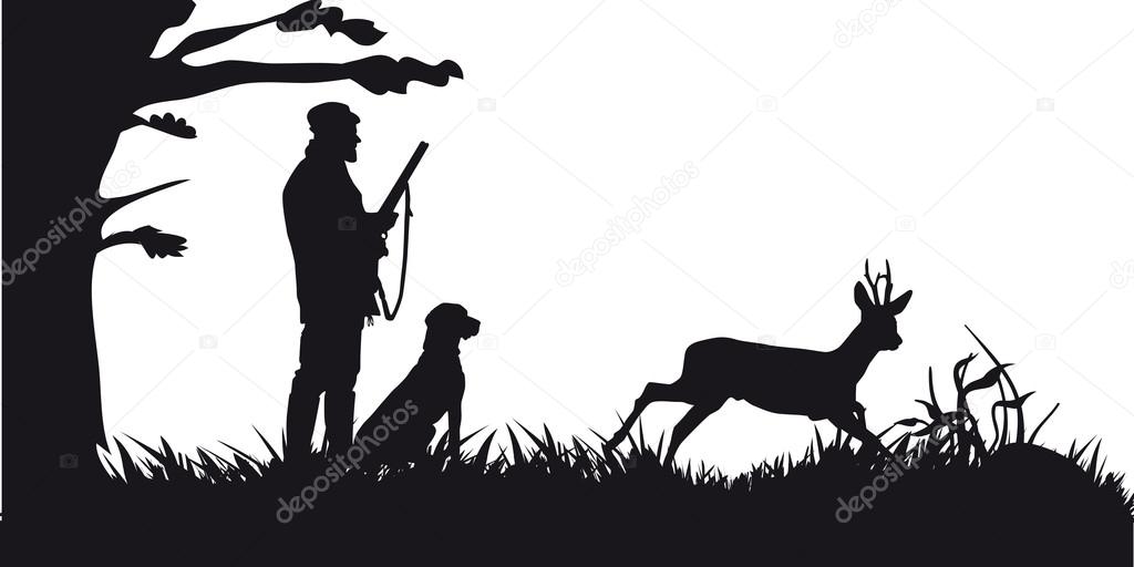 Hunter with dog hunting animals in the forest black and white