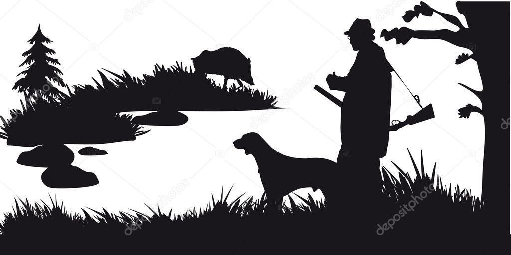 Hunter with dog hunting animals in the forest - black and white silhouette