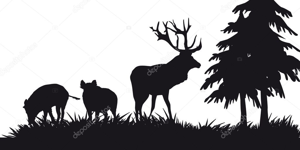 Black and white silhouette of hunting