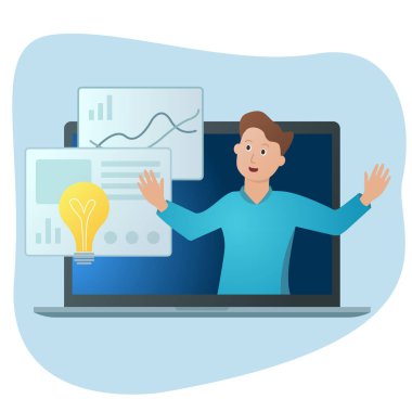 Çevrimiçi webinar sunucusu, sunum. Dizüstü bilgisayarın önünde gösteri yapan erkekler, uzak aktiviteler, evde kalmak, iş sunumu, video yayını, video konferans ve iletişim.