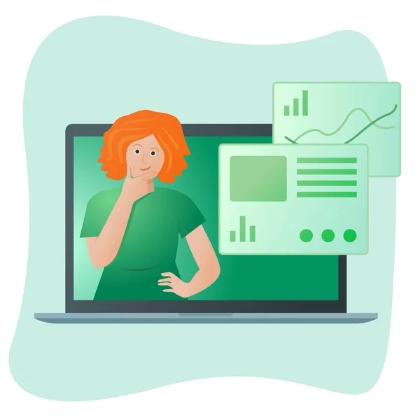 Çevrimiçi webinar sunucusu, sunum. Dizüstü bilgisayarın önünde gösteri yapan kadın, uzak aktiviteler, evde kalmak, iş sunumu, video yayını, konferans ve iletişim. 