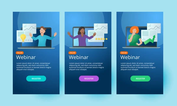 Sosyal medya şablonu giyin, sosyal medya şablonu giyin. Sosyal medya hikayeleri için arka plan ve çizimler tasarım vektörü. Erkek kadın sunucular online konferans webinarında.