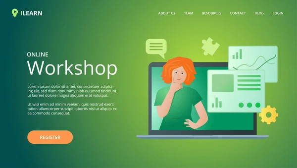 Çevrimiçi atölye web sitesi vektör şablonu, iş konferansı duyurusu için hazırlan. Web sitesi tasarım vektörü için arka plan ve illüstrasyon. Bilgisayardaki kadın sunucu.