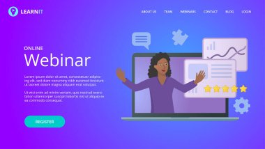 Çevrimiçi webinar web sitesi vektör şablonu, iş konferansı duyurusu için hazırlan. Web sitesi tasarım vektörü için arka plan ve illüstrasyon. Bilgisayardaki kadın sunucu.