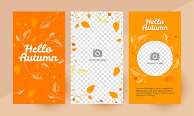 Social media hello autumn story template, editable social media template. Background for social media autumn design vector. Vertical stories template. Vector illustration. Orange leafs pattern design.