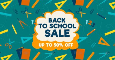 Back to school poster, banner design template for sale or promotion. Vector flat illustration of multicolour pencils, scissors, rulers. Education background.