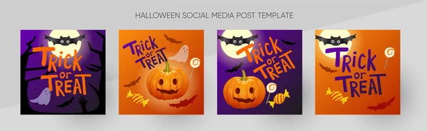 Halloween social media post vector template set. Trick or treat with candy, pumpkin and bats on dark violet background. Spooky vector illustration.
