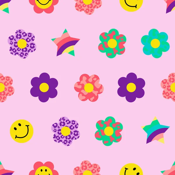 Cool Fleur Groovy Modèle Sans Couture Y2K Style Fond Tendance — Image vectorielle