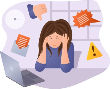 Akıl sağlığı sorunu, tükenme ve stres konsepti. Çalışma masasında bilgisayarlı yorgun bir kadın. Bitkin, hayal kırıklığına uğramış, stresli işçi, tükenmiş. Deadline 'da fazla mesai yapan bir çalışan. Vektör illüstrasyonu.
