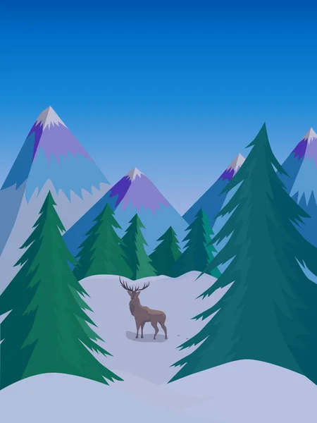 森林里冬季积雪覆盖的风景 用冷杉和驯鹿说明自然 冬天靠近高山的森林 高山雪峰 冬天的自然 — 图库矢量图片