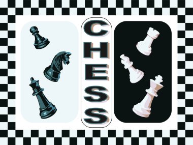 Siyah beyaz altı satranç taşı. Siyah piyon, at, vezir, beyaz kulübe, fil, papaz. Siyah ve beyaz hücrelerin arka planında satranç taşları ve satranç kelimeleri.