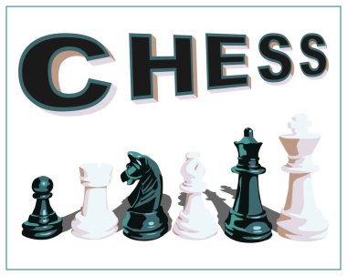 Siyah beyaz altı satranç taşı. Siyah piyon, at, vezir, beyaz kulübe, fil, papaz. Siyah ve beyaz hücrelerin arka planında satranç taşları ve satranç kelimeleri.