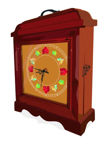 Деревянная Коробка Часами Ручкой Сверху Часы Цветами Антикварный Сундук Элемент — стоковый вектор