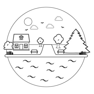 Manzara bir daire çiziyor içinde bir ev, bir ağaç, bir ağaç, banklar ve su var..