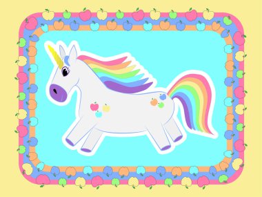 Elmalı neşeli tek boynuzlu at. Renkli bir arka planda tek boynuzlu at dörtnala gidiyor. Arka planda çok renkli elmalar var. Gökkuşağı yeleli ve gökkuşağı kuyruklu tek boynuzlu at. Çocuklar için İllüstrasyon.