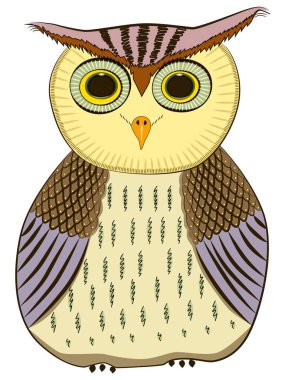 Parlak renklerle boyanmış küçük baykuş. Kuş ailesi baykuşu. Komik bir kuş. Baykuş sözü verdi..